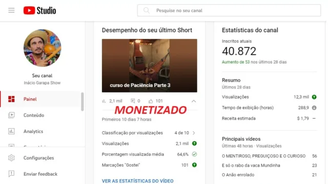 MONETIZADO – 40 mil inscritos. Canal do youtube Muito Top! Inácio Garapa Show