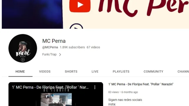 Canal do Youtube com 1890 inscritos (MC PERNA)