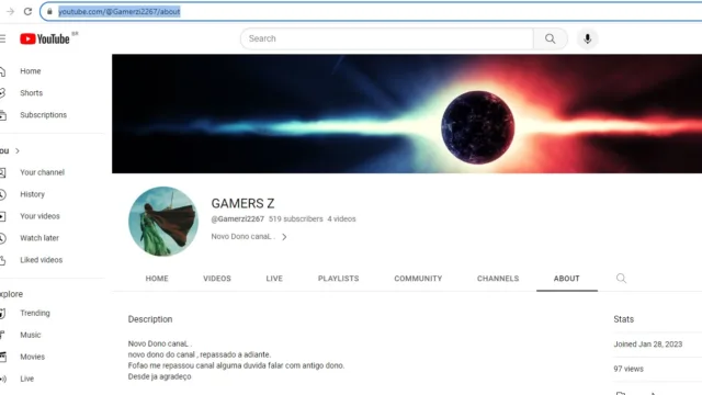 Canal de games do youtube com 519 inscritos criado em janeiro de 2023